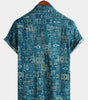 Retro Blue Short-Sleeved Button-Up Shirt for Men