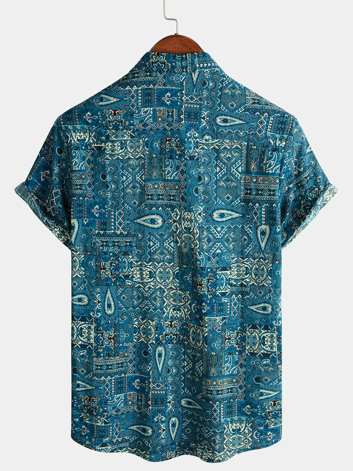 Retro Blue Short-Sleeved Button-Up Shirt for Men