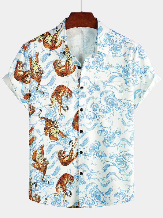 Men's Short Sleeve Hawaiian Tiger Print Summer Shirt