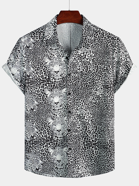 Men's Short Sleeve Hawaiian Shirt with Leopard Print