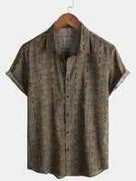 Retro Tribal Bohemian Brown Short-Sleeved Shirt with Vintage Paisley Print for Men from the 70s