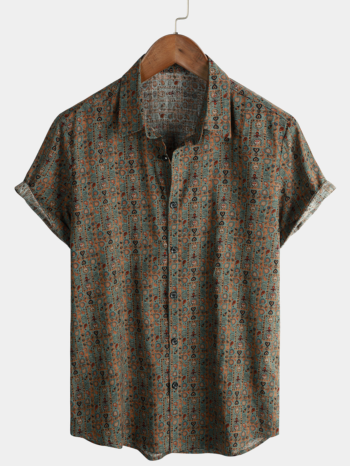 Retro Tribal Bohemian Brown Short-Sleeved Shirt with Vintage Paisley Print for Men from the 70s