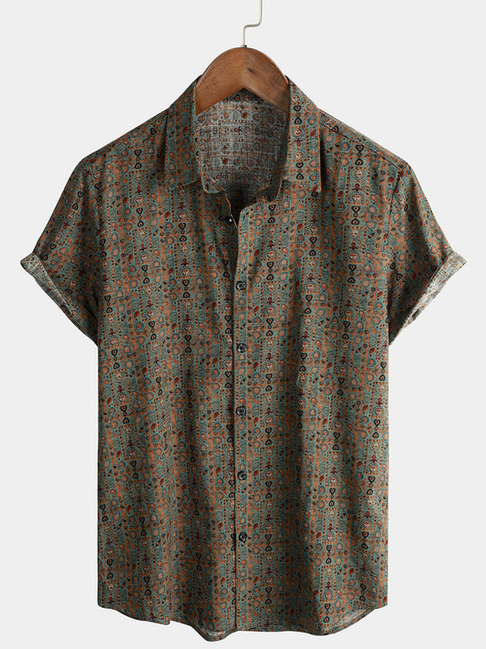 Retro Tribal Bohemian Brown Short-Sleeved Shirt with Vintage Paisley Print for Men from the 70s