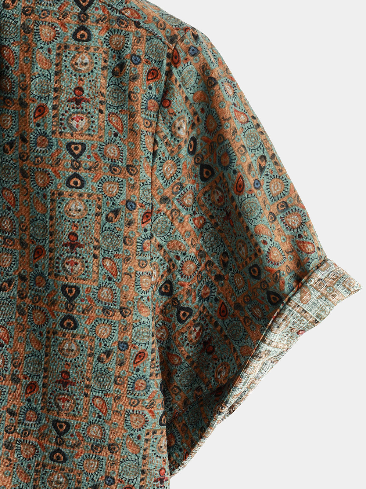Retro Tribal Bohemian Brown Short-Sleeved Shirt with Vintage Paisley Print for Men from the 70s