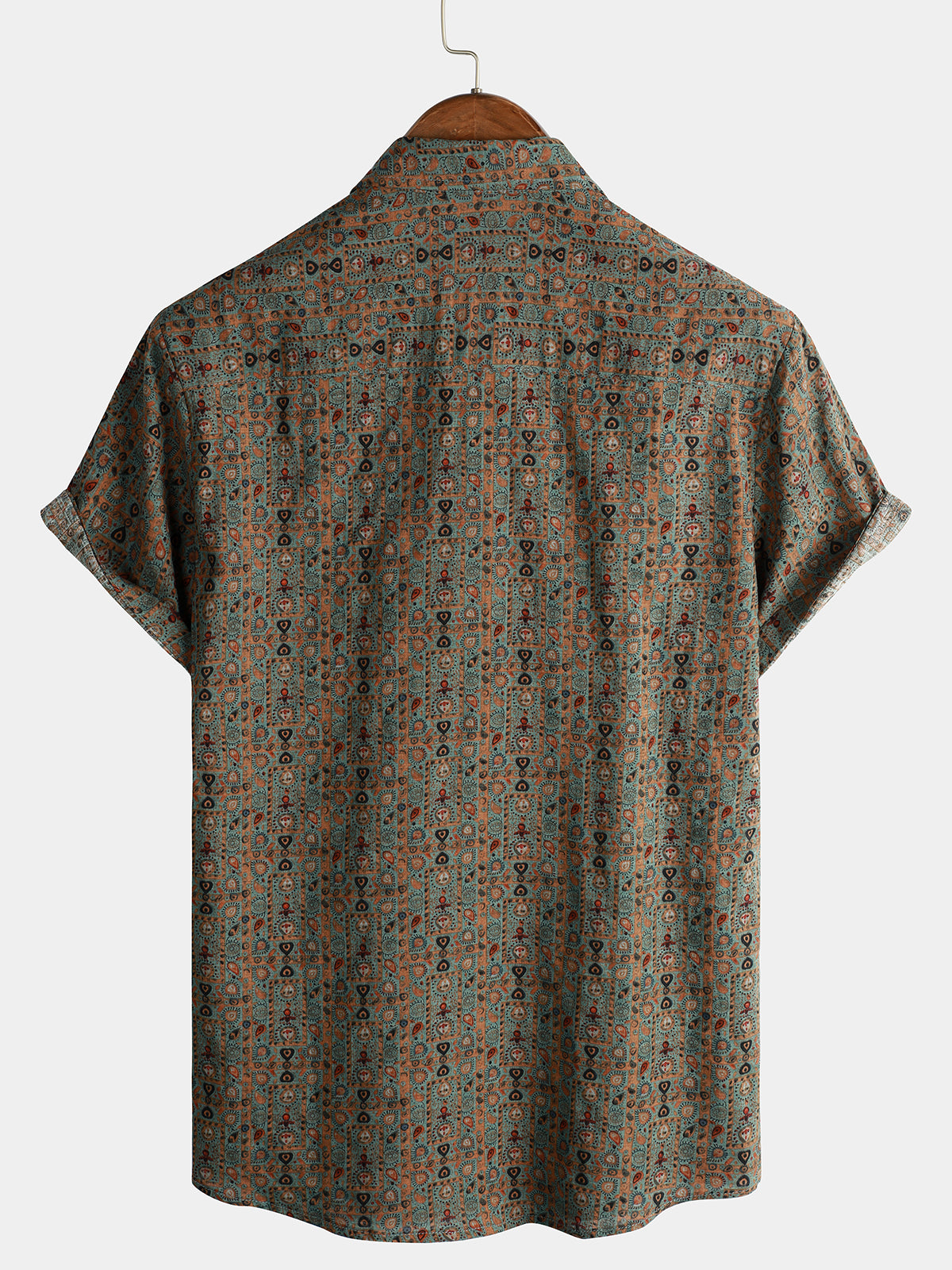 Retro Tribal Bohemian Brown Short-Sleeved Shirt with Vintage Paisley Print for Men from the 70s