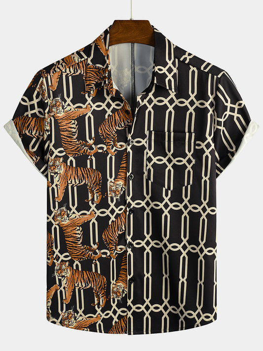 Men's Short Sleeve Tiger and Rose Print Shirt