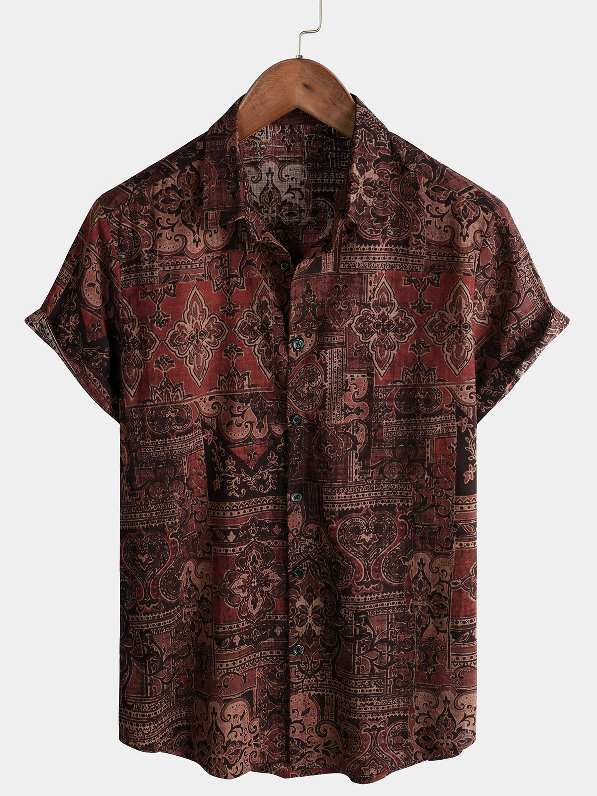 Short-Sleeved Cotton Retro Paisley Print Shirt for Men