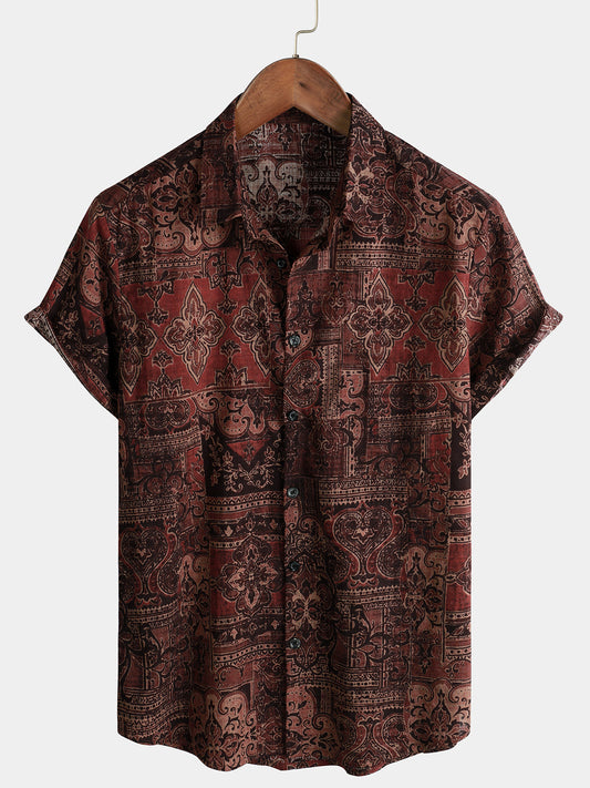 Short-Sleeved Cotton Retro Paisley Print Shirt for Men