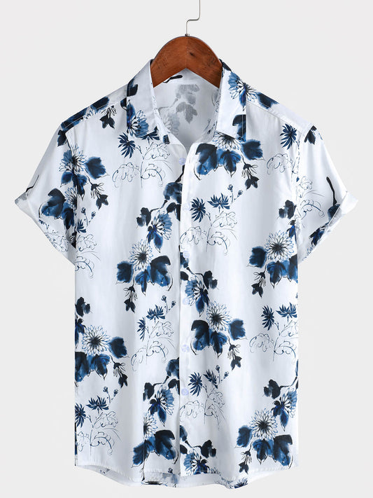 Men's Casual Short Sleeve Cotton Floral Shirt