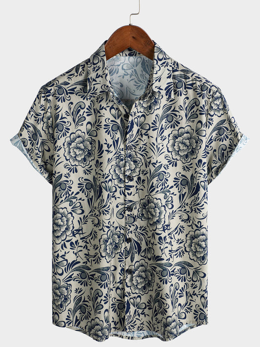 Men's Short Sleeve Casual Shirt, Floral Pattern, Perfect for Parties