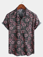 Short-sleeved Hawaiian shirt with pink floral pockets for men