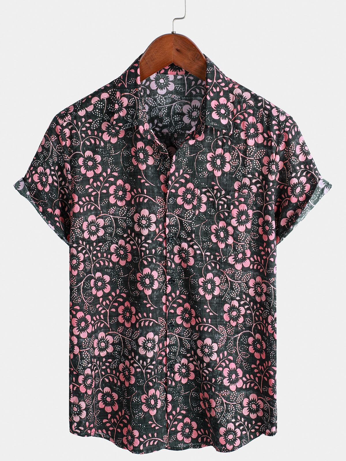 Short-sleeved Hawaiian shirt with pink floral pockets for men