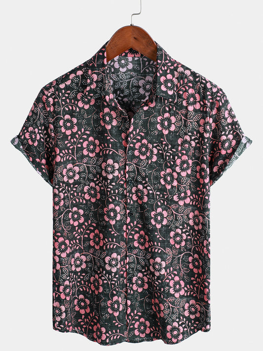 Short-sleeved Hawaiian shirt with pink floral pockets for men