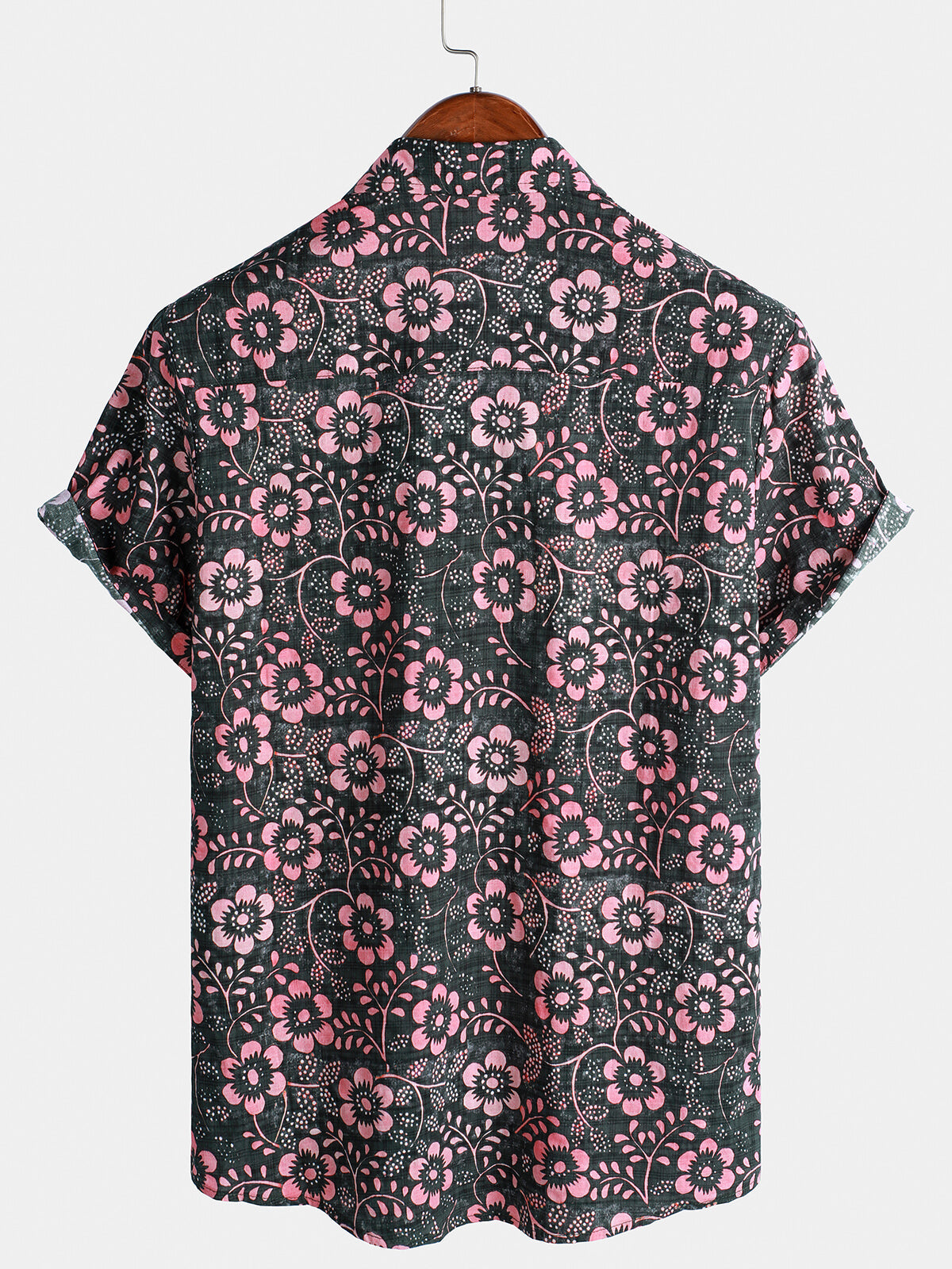 Short-sleeved Hawaiian shirt with pink floral pockets for men