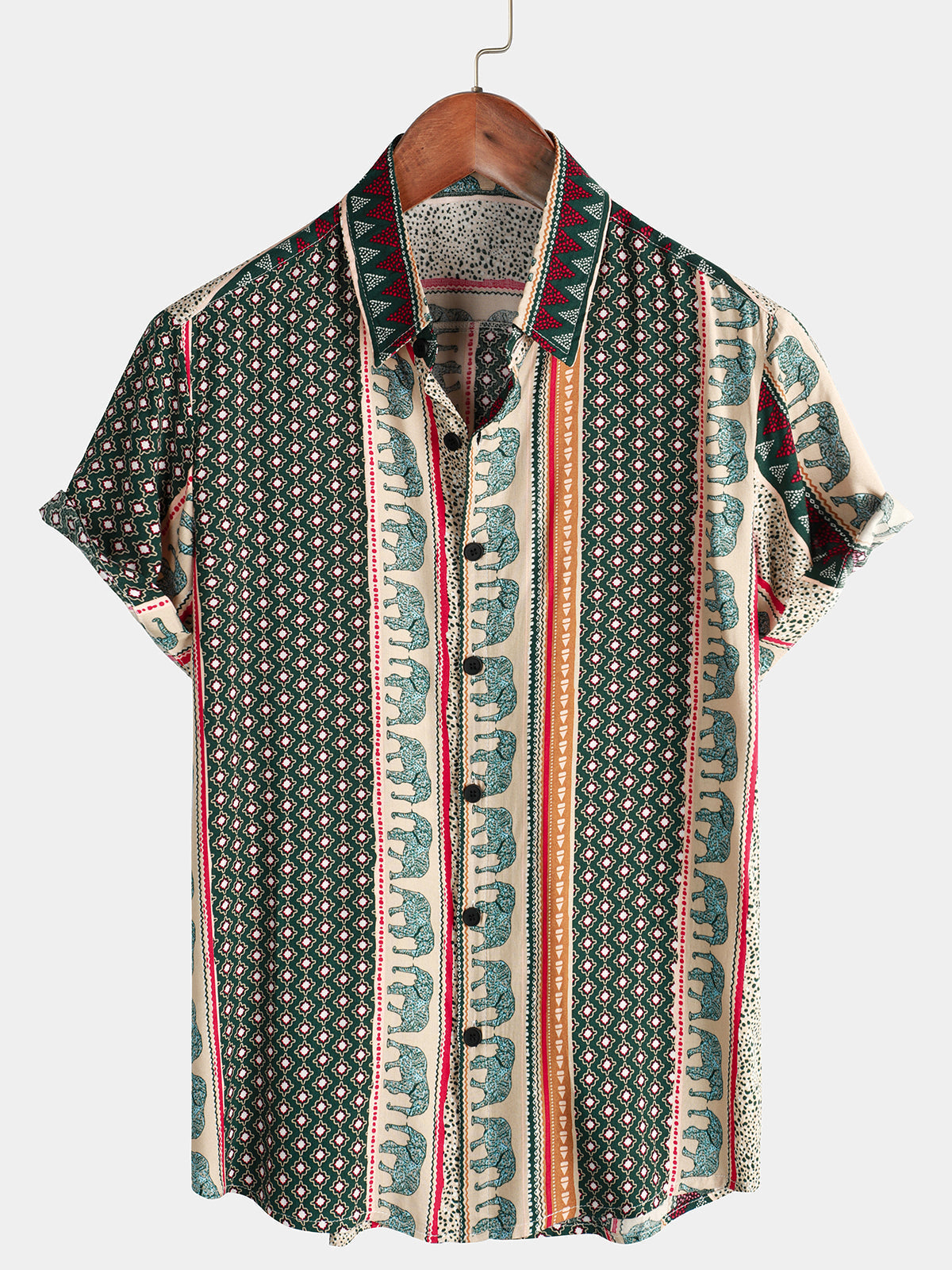 Green Short-Sleeved Elephant Print Shirt for Men