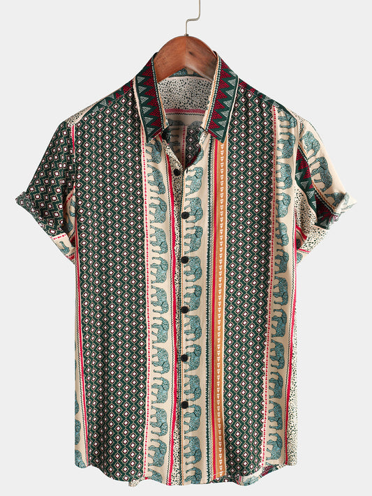 Green Short-Sleeved Elephant Print Shirt for Men
