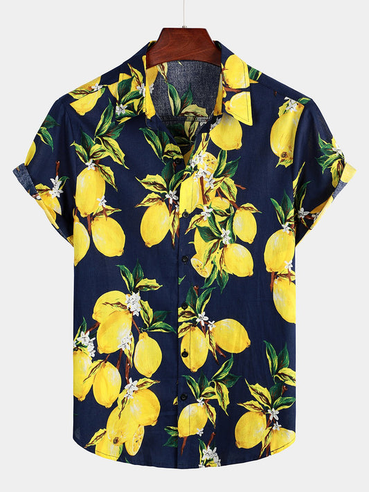 Hawaiian Beach Summer Holiday Short Sleeve Shirt with Tropical Lemon Print for Men