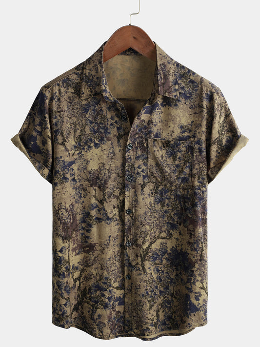Men's Casual Vintage Short Sleeve Shirt, Retro Floral Print