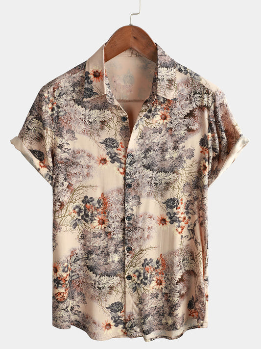 Short-Sleeved Button-Up Holiday Shirt for Men with Floral Print