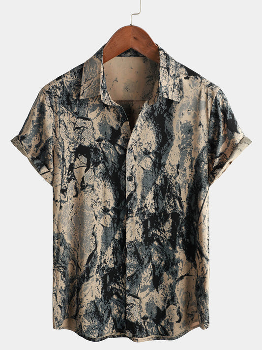 Casual Vintage Short Sleeve Men's Shirt in Retro Artistic Khaki