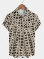Khaki Short-Sleeved Shirt with Geometric Floral Pocket for Men