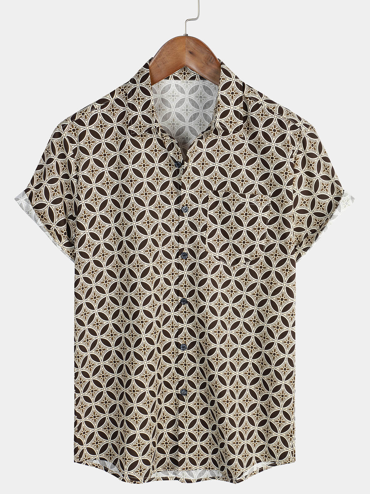 Khaki Short-Sleeved Shirt with Geometric Floral Pocket for Men