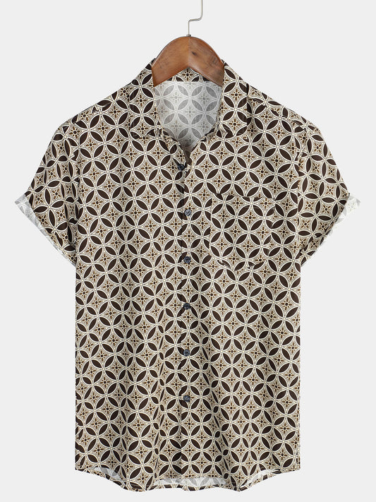 Khaki Short-Sleeved Shirt with Geometric Floral Pocket for Men