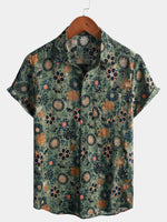 Green Cotton Hawaiian Shirt for Men, Vintage Floral Print