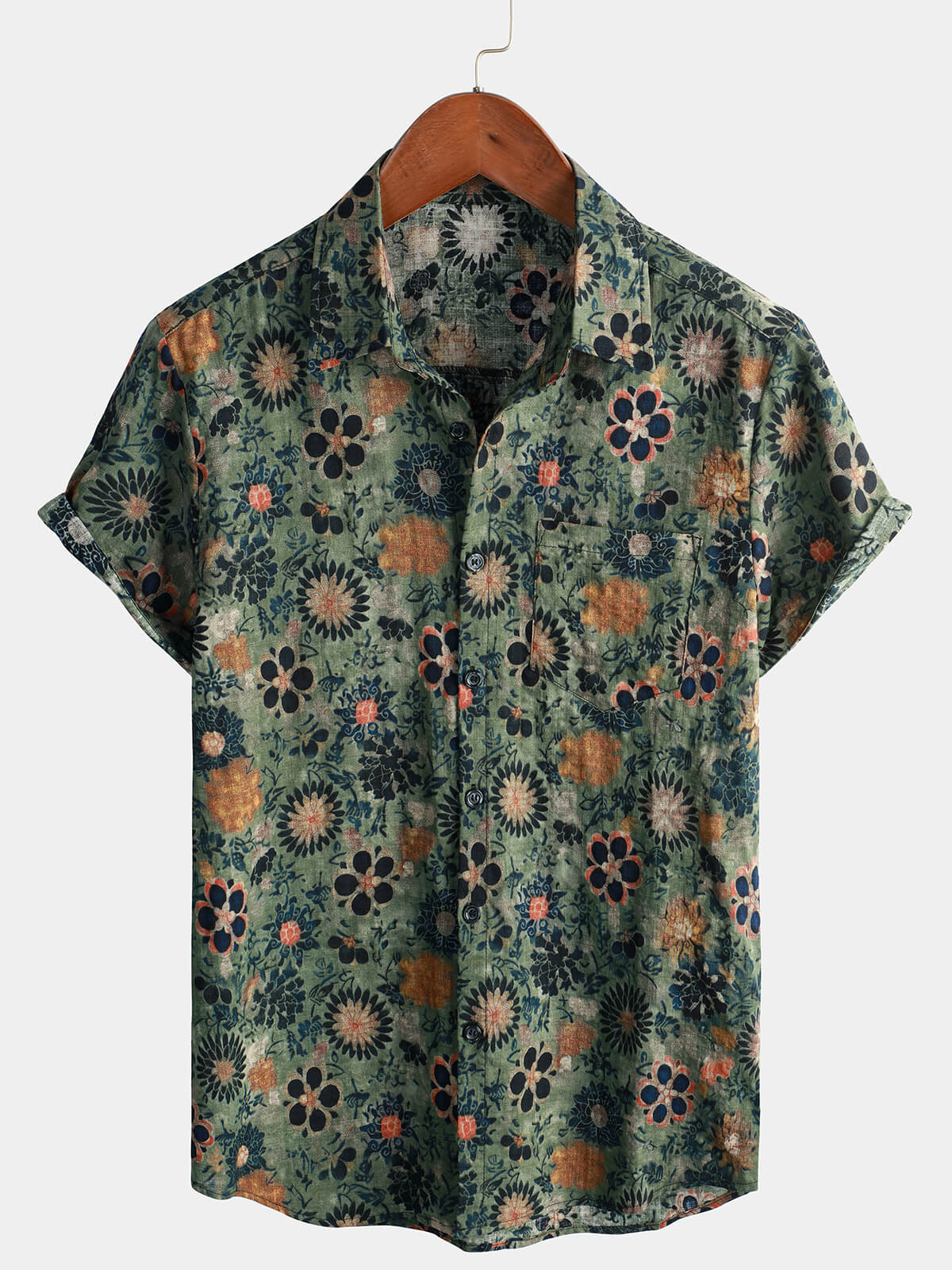 Green Cotton Hawaiian Shirt for Men, Vintage Floral Print
