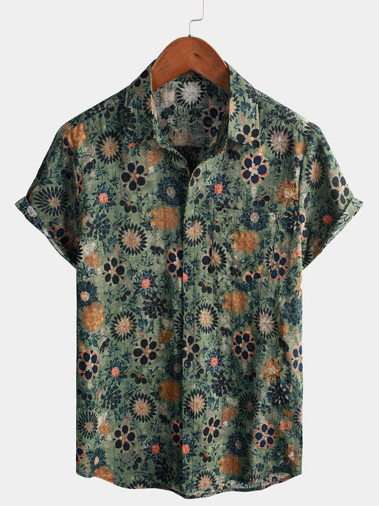 Green Cotton Hawaiian Shirt for Men, Vintage Floral Print