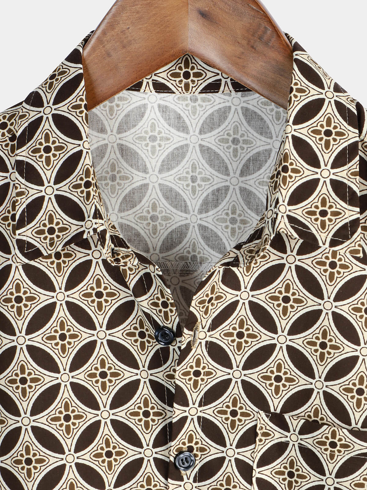 Khaki Short-Sleeved Shirt with Geometric Floral Pocket for Men
