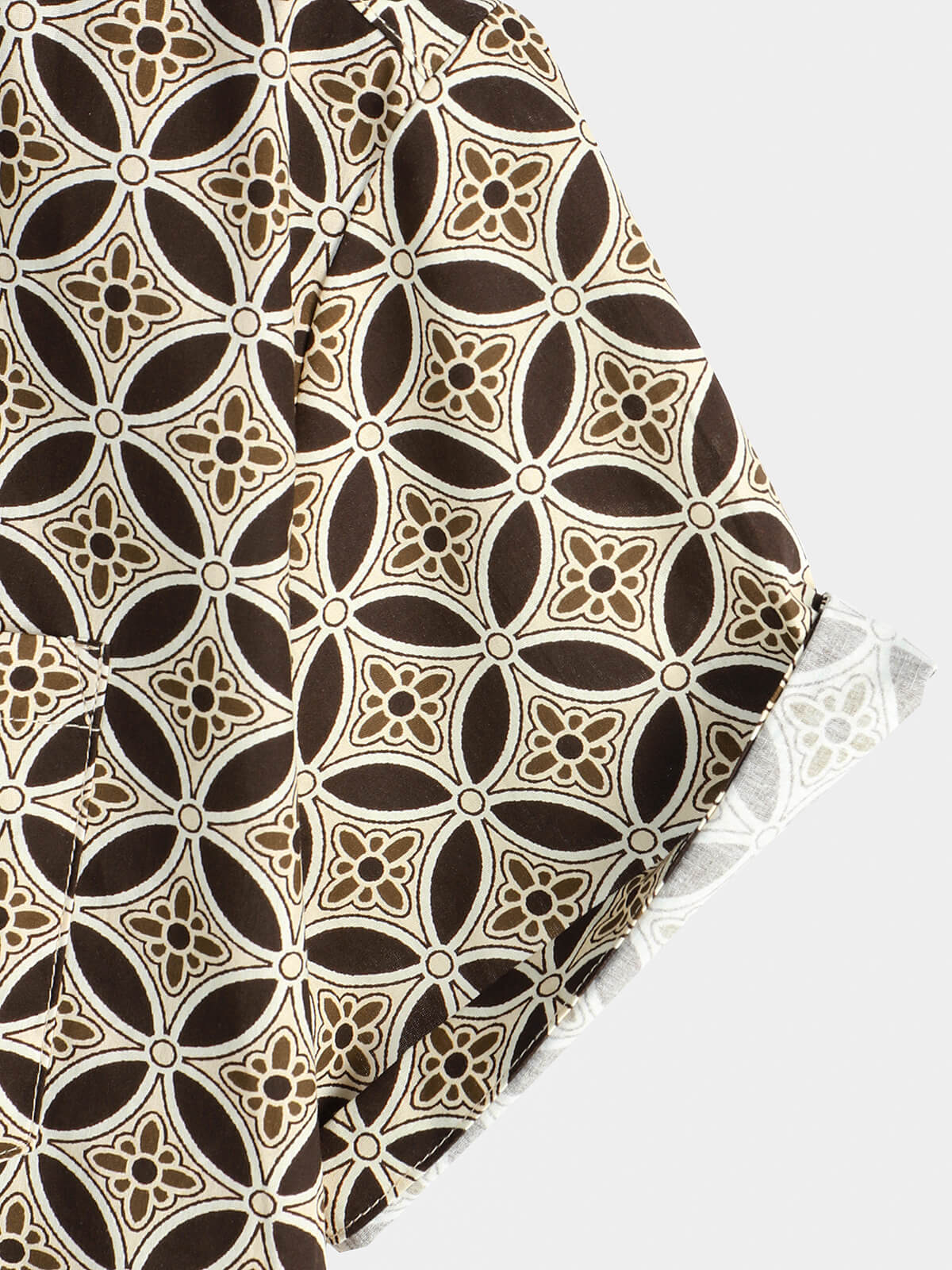Khaki Short-Sleeved Shirt with Geometric Floral Pocket for Men