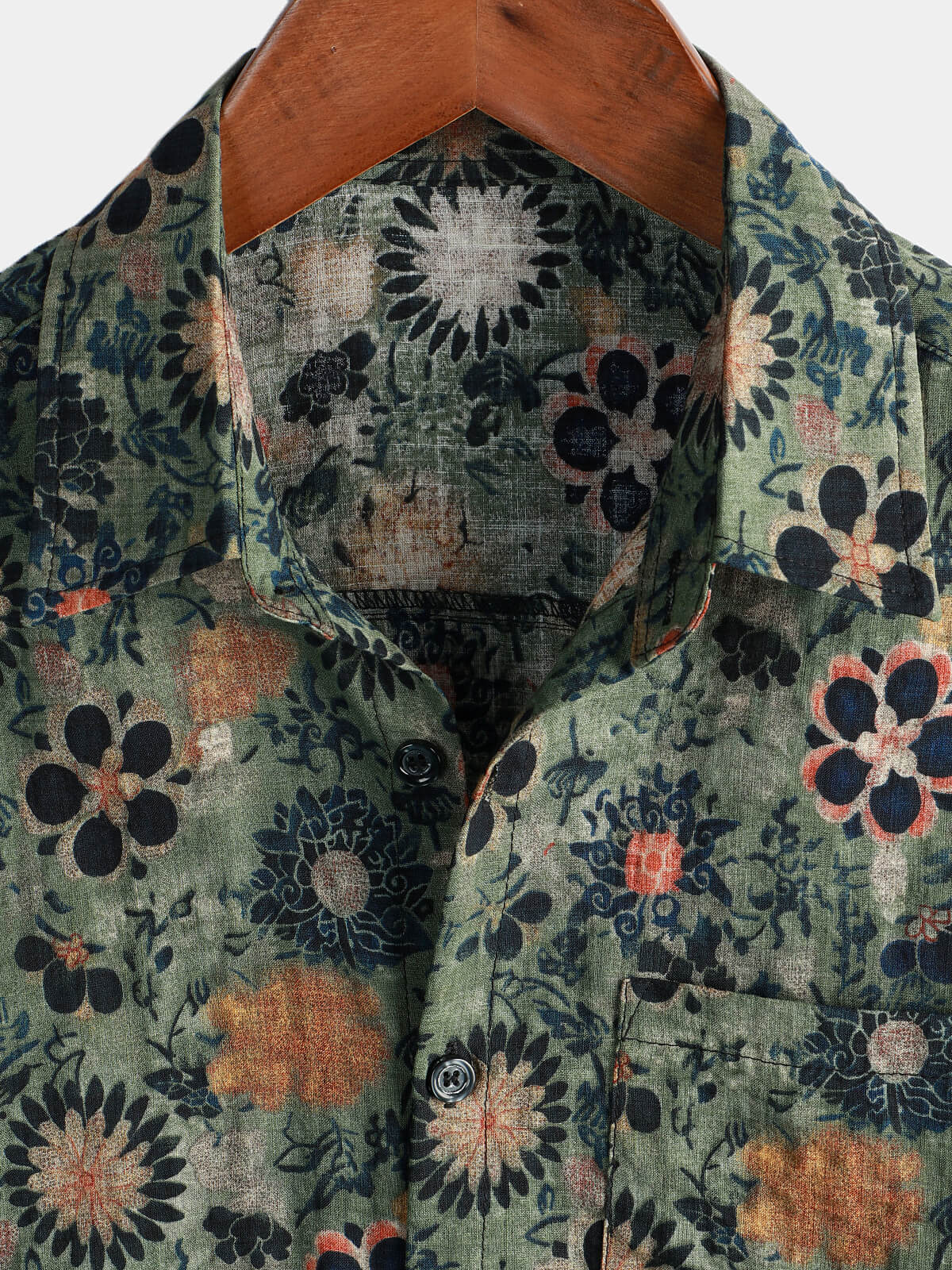 Green Cotton Hawaiian Shirt for Men, Vintage Floral Print