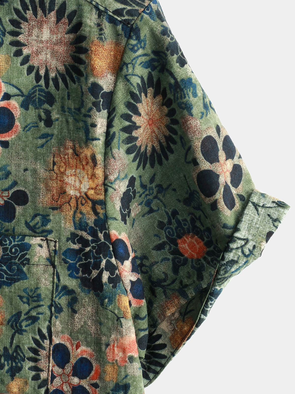 Green Cotton Hawaiian Shirt for Men, Vintage Floral Print