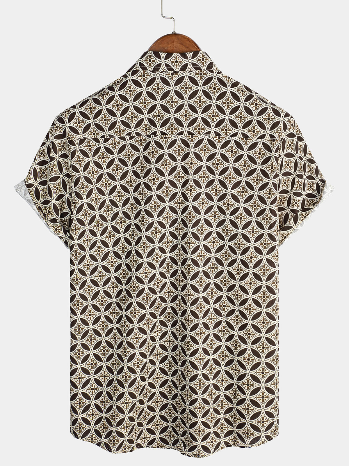 Khaki Short-Sleeved Shirt with Geometric Floral Pocket for Men