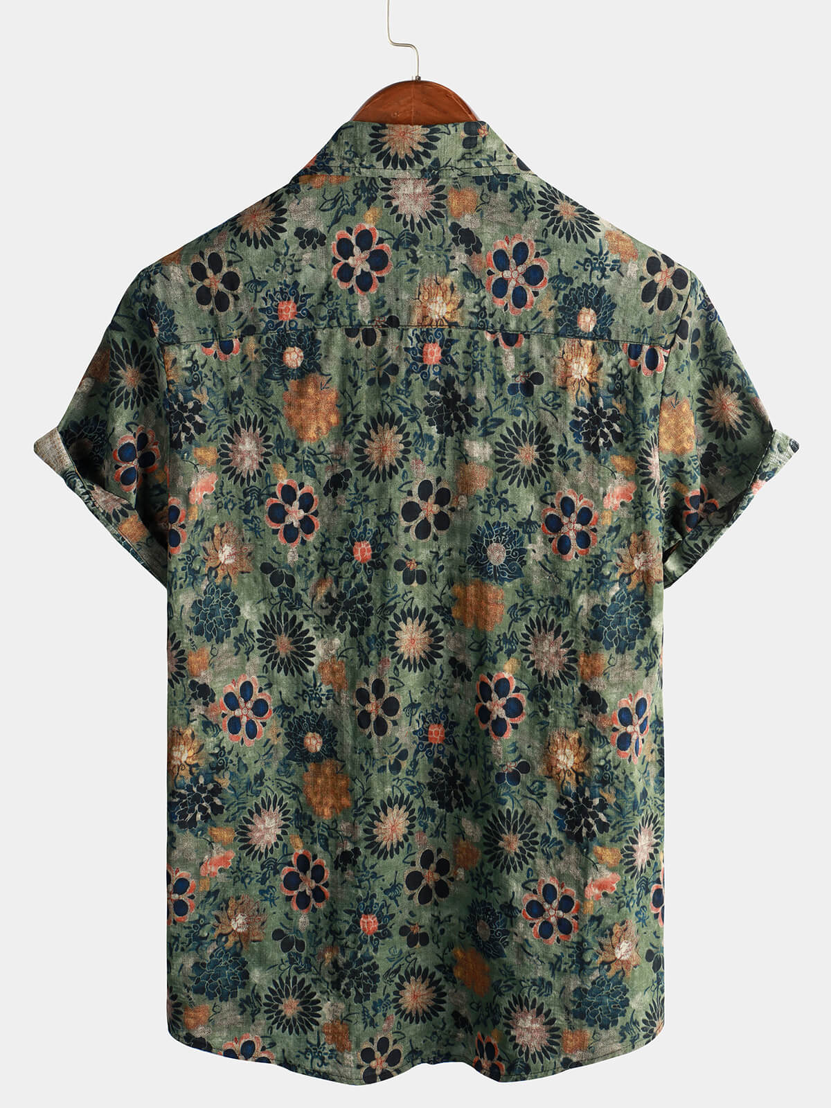 Green Cotton Hawaiian Shirt for Men, Vintage Floral Print