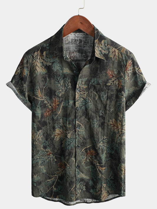 Retro Short Sleeve Button-Up Hawaiian Beach Shirt for Men in Cotton