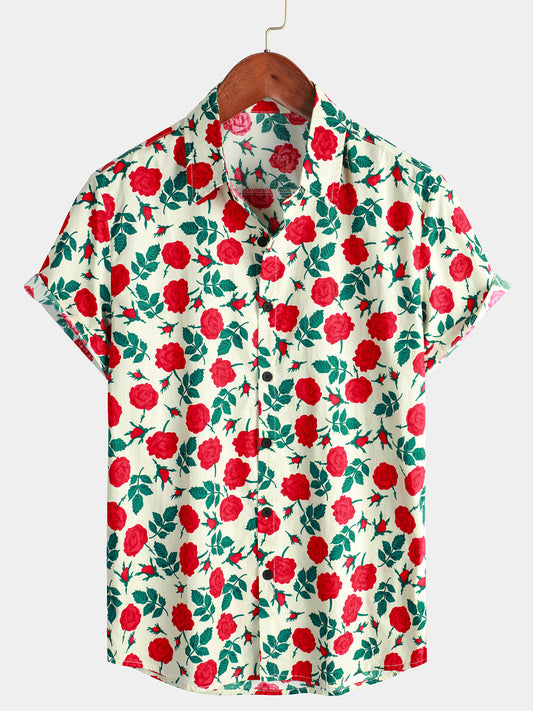 Men's Breathable Cotton Printed Pink Short-Sleeve Summer Shirt