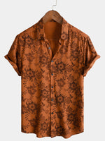 Men's Brown Floral Print Breathable Short-Sleeve Button-Up Shirt