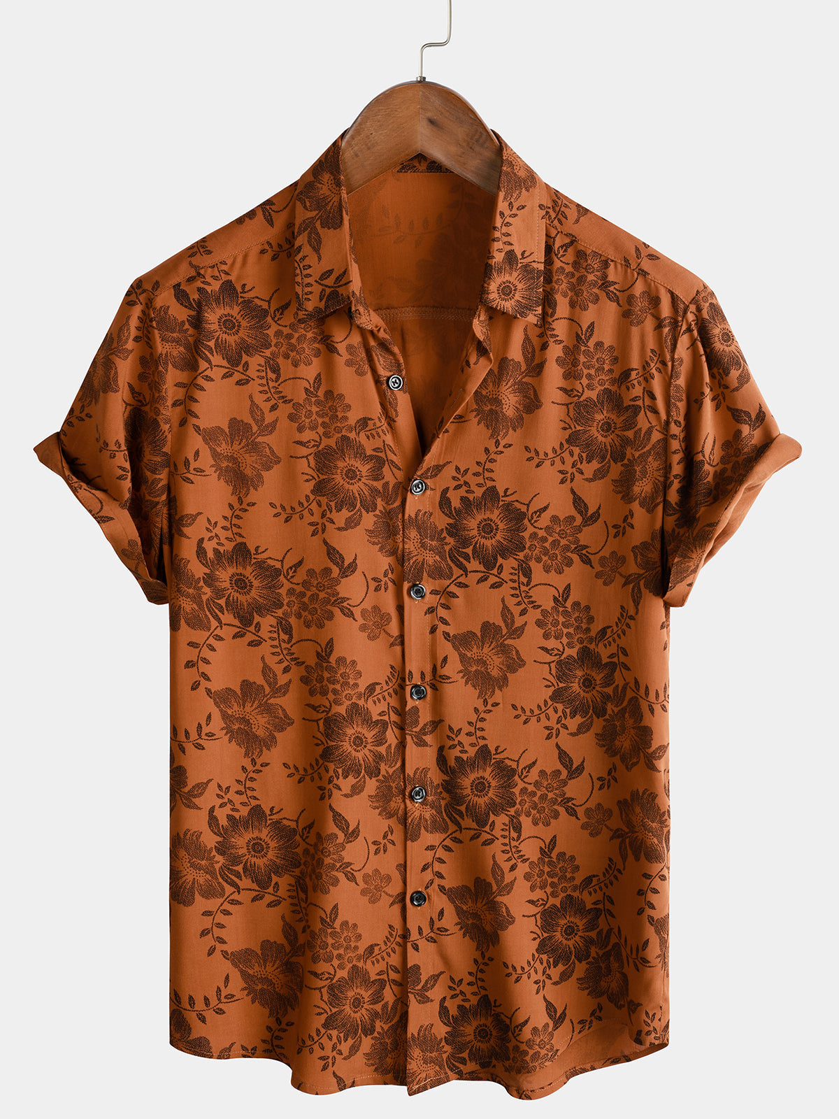 Men's Brown Floral Print Breathable Short-Sleeve Button-Up Shirt