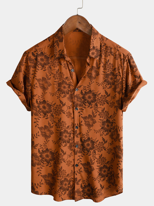 Men's Brown Floral Print Breathable Short-Sleeve Button-Up Shirt