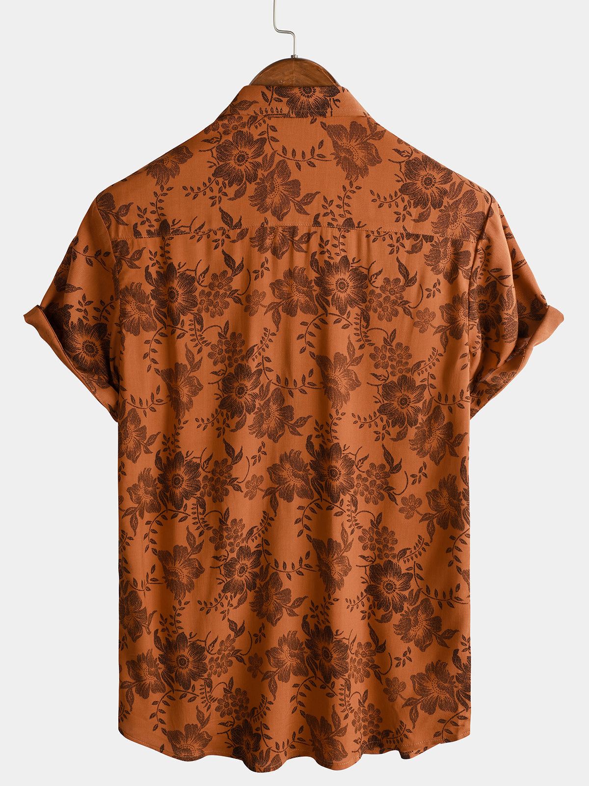 Men's Brown Floral Print Breathable Short-Sleeve Button-Up Shirt