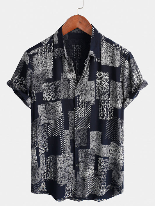 Men's Short Sleeve Button-Up Shirt Vintage Retro Floral Daisy Print Patchwork Holiday