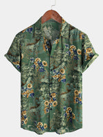 Men's Short Sleeve Shirt, Retro, Floral, Green, Summer Holidays