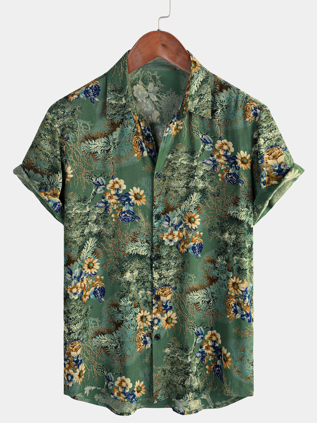 Men's Short Sleeve Shirt, Retro, Floral, Green, Summer Holidays