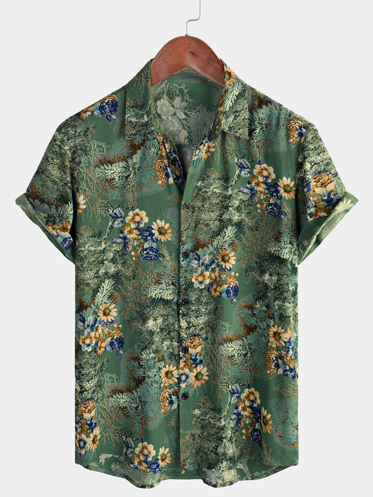 Men's Short Sleeve Shirt, Retro, Floral, Green, Summer Holidays