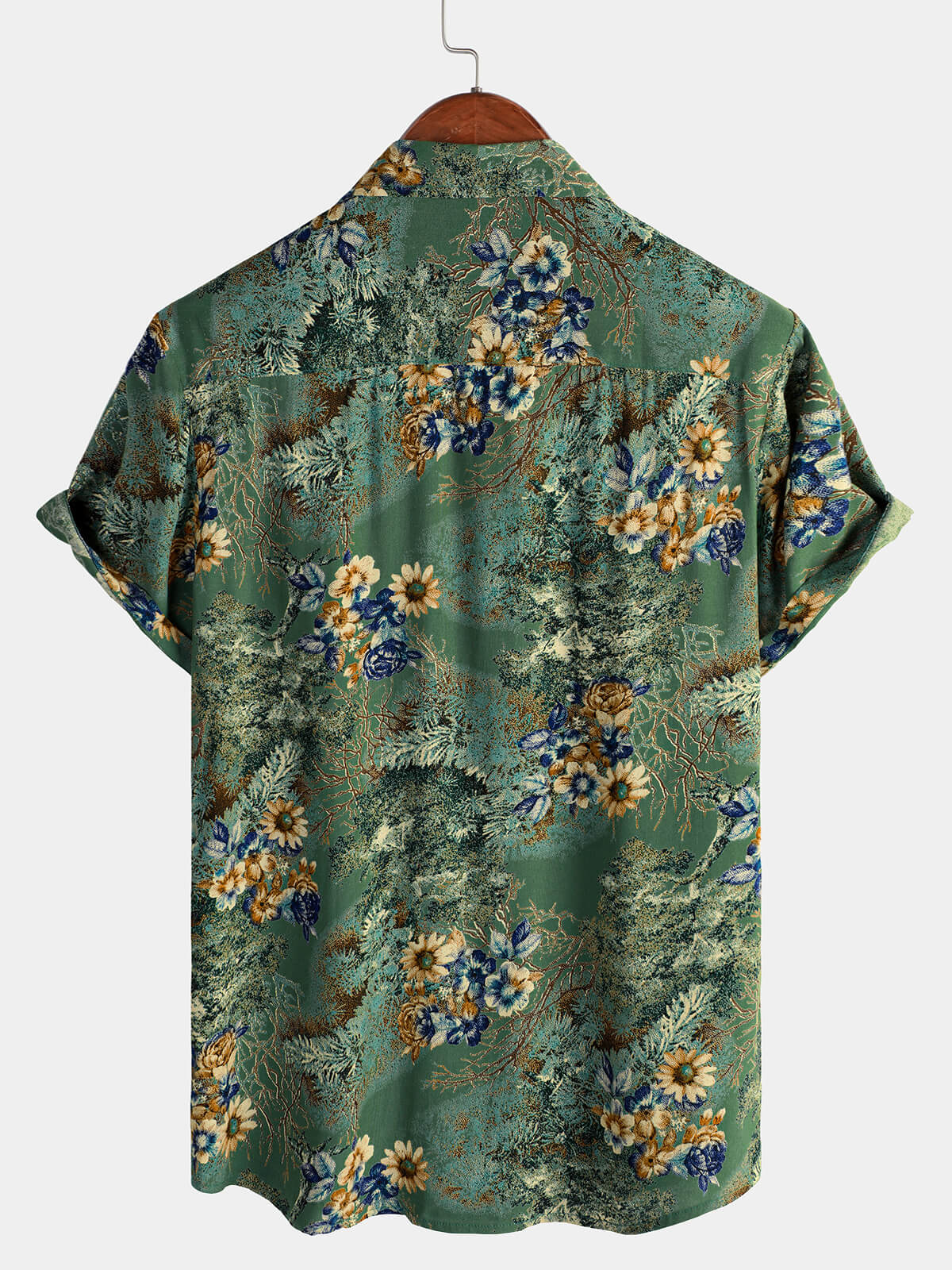 Men's Short Sleeve Shirt, Retro, Floral, Green, Summer Holidays