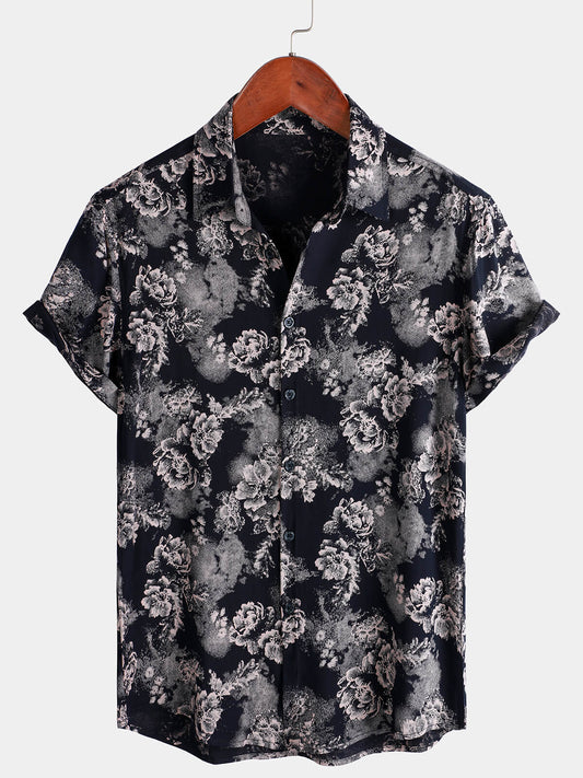 Men's Short Sleeve Summer Shirt with Floral Pattern in Rayon