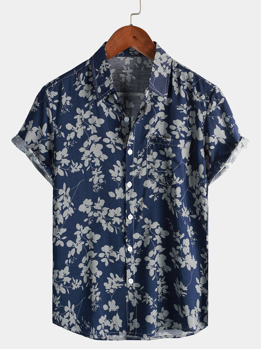 Navy Blue Short-Sleeved Button-Up Shirt with Vintage Floral Print for Men