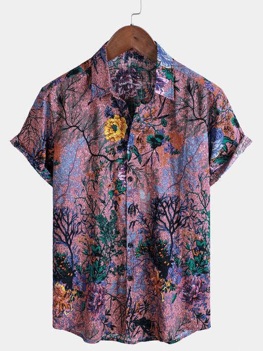 Men's Breathable Short Sleeve Summer Shirt, Retro Floral Print